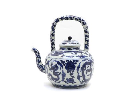 A Chinese blue and white teapot cover, of globular form, painted with dragons and precious objects, six-character Longqing ma