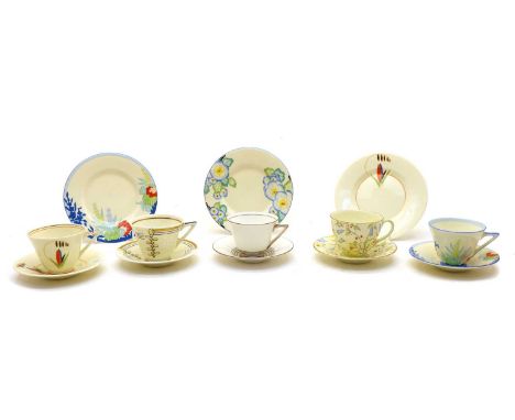 Eleven Royal Doulton trios and tea cups, together with a Shelley trio, various patterns 'Leonora', 'Barry', 'Pigotee', 'Plaza