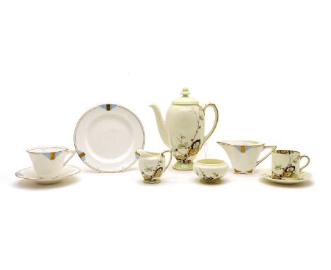 A Royal Doulton 'Rigi/Veta' coffee set, with six cups and saucers, a sandwich plate, cream jug, sugar bowl and coffee pot, an