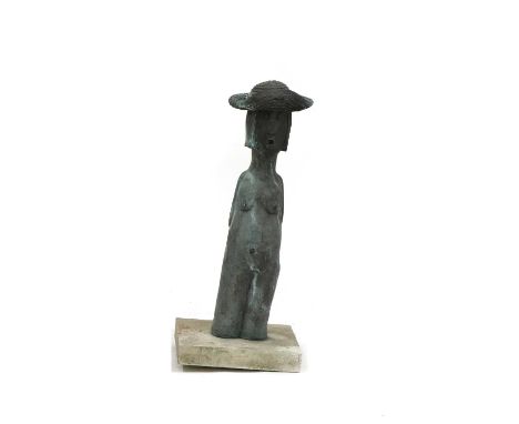 South American School, Standing peasant girl with straw hat, painted terracotta sculpture, on rectangular stone plinth base, 