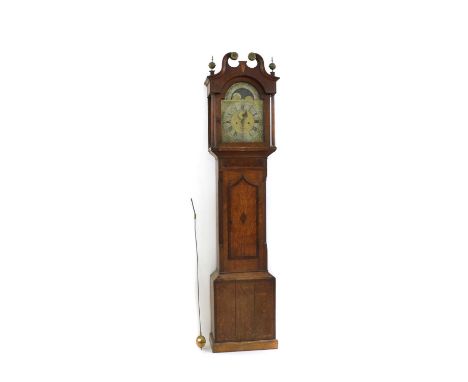 An 18th century oak and mahogany crossbanded longcase clock, the arched moonphase dial inscribed ‘High Water at Bristol Key’,