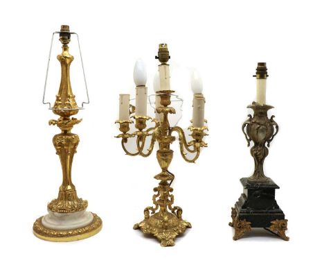 A six light gilt metal table lamp, 20th century, with scrolled column, 54cm high to fitting, together with a gilt metal table