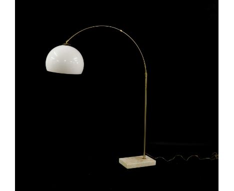 A telescopic brass overreach standard lamp, of recent manufacture, with a globular white perspex shade and a curved column, o