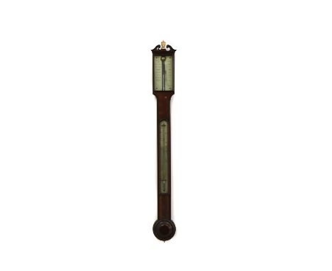 An early 19th century mahogany stick barometer by Cary, London, with silvered split register plate, thermometer and ivory urn