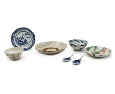 A collection of miscellaneous ceramics, comprising a Chinese blue and white plate,18th century, of octagonal form painted wit