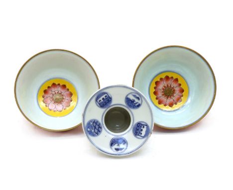 A Chinese famille rose plate, 18th-century, of octagonal form painted with a landscape, 23cm wide, a pair of famille rose bow
