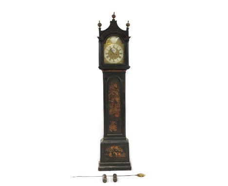 A George III lacquered longcase clock, with an arched brass dial, with a silvered chapter ring with subsidiary seconds and ca