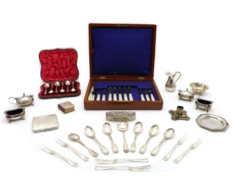 A collection of various silver pieces, to include a cased set of six Onslow pattern coffee spoons, Robert Stebbings, London 1