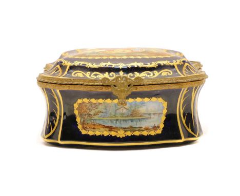 A French porcelain trinket box, the Blue Royal ground with hand painted reserve to lid of a seated courting couple, heightene