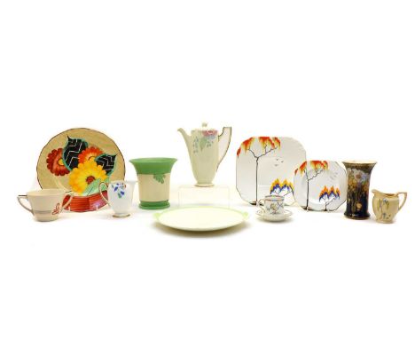 A mixed collection of Art Deco tea and dinnerwares, including Royal Doulton, Clarice Cliff, and other china pieces (qty)Condi