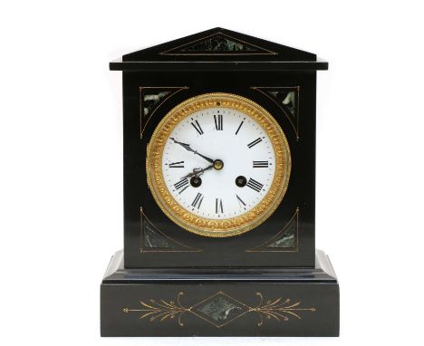 A Victorian black slate mantel clock, of architectural form with green marble inserts, the eight-day movement with white enam