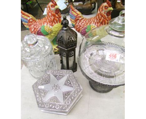 A mixed collection of items to include: large crystal lidded pot, vintage style glass domed cake stand, vintage style lantern