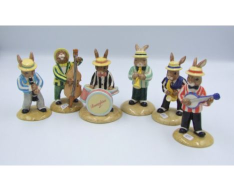 Royal Doulton Bunnykins from the Jazz band collection: Drummer DB250, Clarinet, Double Bass DB185, Trumpet DB210, SAxophone D