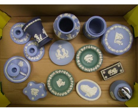 Wedgwood jasper ware items to include: 2 x teal pin dishes, blue chamber stick, Queens blue vase, trinket boxes etc (1 tray).