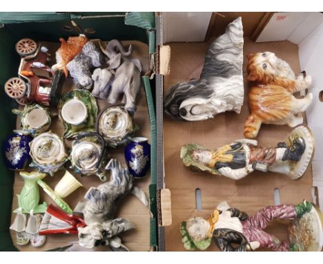 A collection of ceramic items to include: animal figures, pair of German cobalt and gold vases, resin Leonardo dog figure, pa