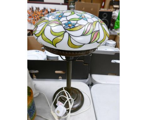 Tiffany style stained glass lamp shade and base: Initials K B 93 to shade. Total height 46cm 