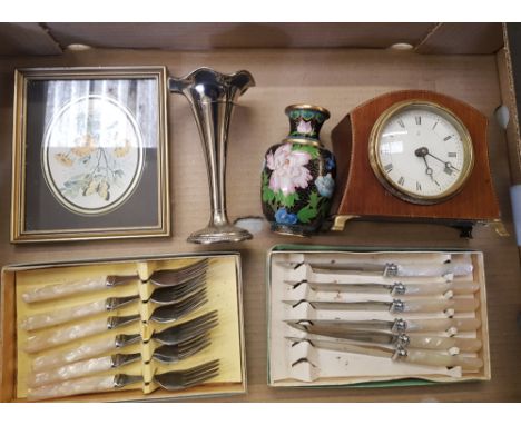 A mixed collection of items to include: small mahogany cased mantel clock, cloisonné vase, silver plated vase, mother of pear