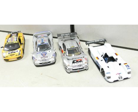 Four Maisto racing cars scale 1/18 : to include BMW V12 LMR, Mercedes CLK-GTR x 2 and Lamburghini Gallardo Superleggera (4) 