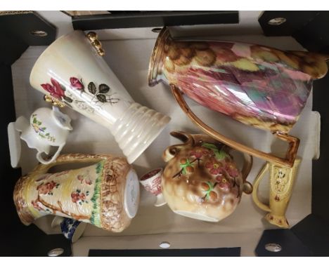 A mixed collection of ceramic items to include: Oldcourt lustre ware large jug, Arthur Woods vase and jug, Aynsley cream jug 