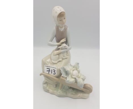 Lladro Large Figure of a Lady with a Lamb and a Wheelbarrow: 