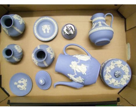 A collection of Wedgwood blue jasperware items to include: coffee pot, vases, table lighter etc (1 tray). 
