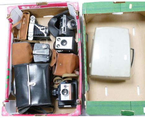 A collection of vintage photography items to include: Coronete Bellows camera, Ilford camera, Kodak brownie MK1, Aldis slide 