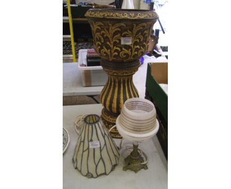 A one piece Vintage style jardiniere Planter/stand: together with a mid century lamp and a Tiffany style shade (3). 