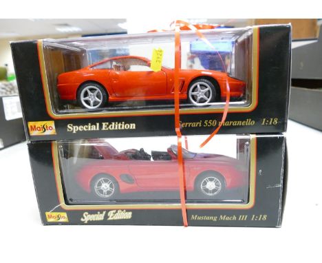 Boxed Maisto 1:18th Scale Model Cars: Ferrari 550 Maranello &amp; Mustang Mach III(2) 