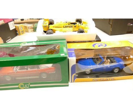 Boxed 1:18th Scale Model Cars including: Minichamps Lotus 99T, Cult Rover 3500 Vitesse &amp; Gate Mazda MX5(3) 