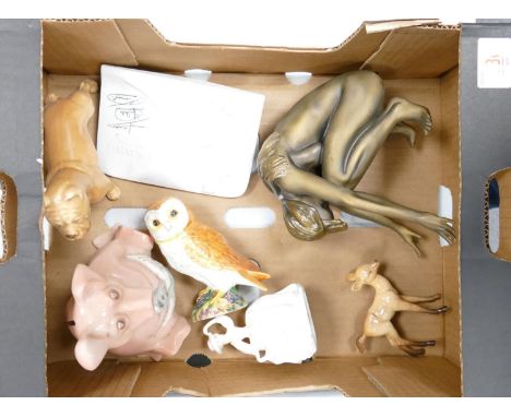 A mixed collection of items to include small Beswick barn owl: Beswick fawn, Sylvac boxer dog, Natwest pig money box, Royal D