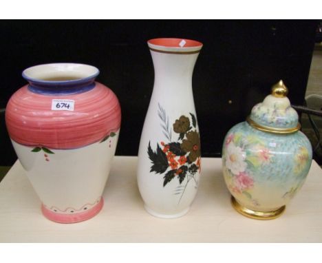 Two ceramic vases together with a floral temple jar: (3). 