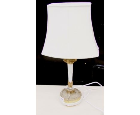 An ormolu and marble single column table lamp and shade: 
