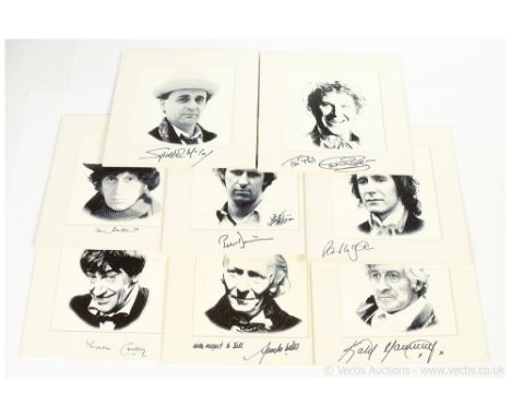 Set of 8x Mod Art Studio 10/50 black and white signed Doctor Who prints. Signatures include Sylvester McCoy, Tom Baker, Peter