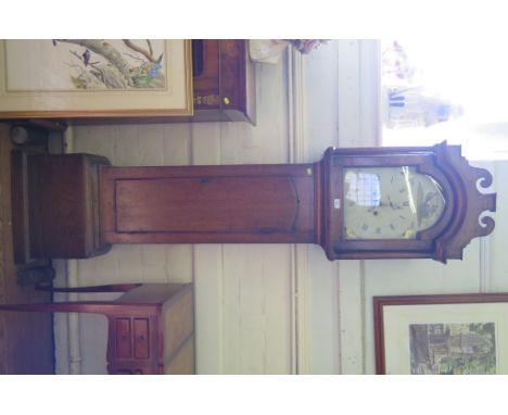 A 19th century oak cased longcase clock, the swan neck pediment over a painted arch dial depicting birds, with date aperture 