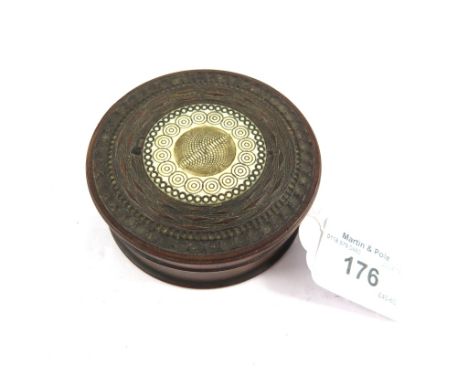 An engine turned fruitwood and ivory cylindrical snuff box 8cm diameter, possibly 19th century