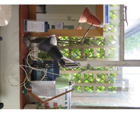 A 1950s timber and green metal angle poise desk lamp, and two 1940s angle poise lamps