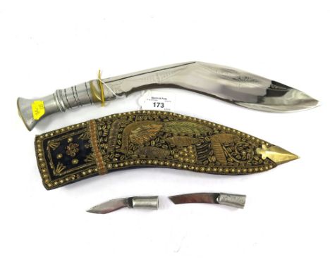 An Indian ornamental Kukri, the velvet scabbard embroidered in gold thread with a peacock design, 41cm long