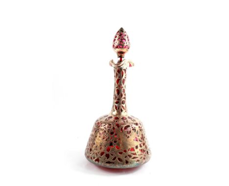 A ruby red mallet form decanter with silver overlay to the body depicting birds, flowers, etc circa 1900-1905, 29cm high