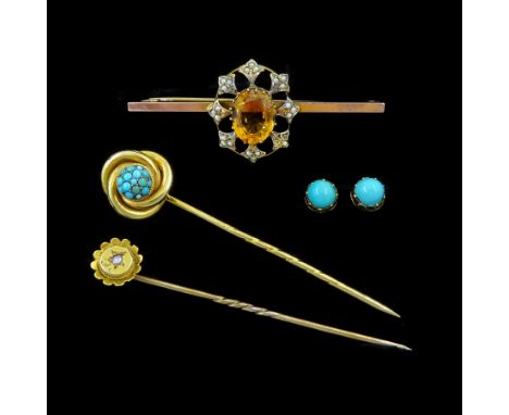Victorian and later gold jewellery including citrine and seed pearl brooch, turquoise stick pin, diamond stick pin and a pair