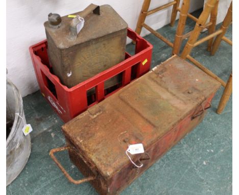 Tool box, including vintage tools, Coca Cola bottle rack and Shell Mex Limited oil can 