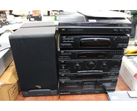 JVC stacking music system, turntable, compact disc player, radio cassette, speakers, etc.