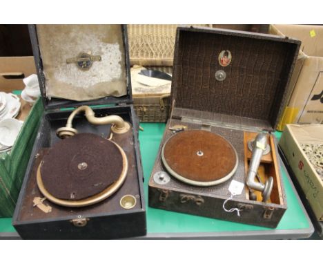 Small hamper containing 78 RPM records, Columbia and Common Wealth portable gramophones