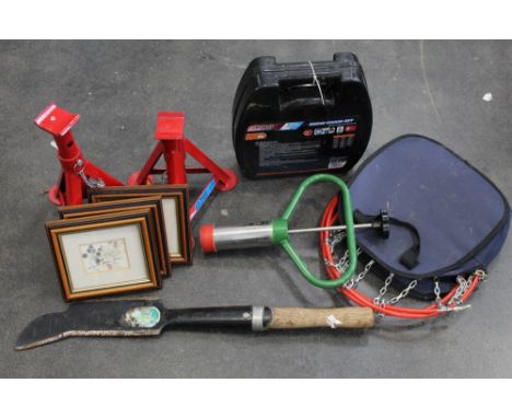 Box of mixed tools, snow chains, Billy hook, axle stands, bulb, plug, limited edition prints 