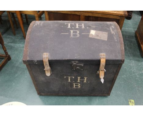 Vintage dome topped travel trunk, with interior tray, stamped THB to lid