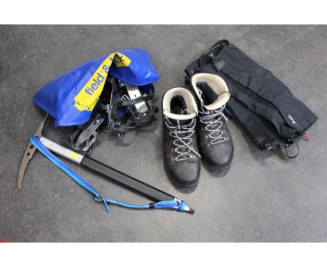 Pair of size 9 walking boots, ice axe, crampons, gaiters etc   