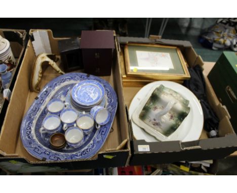 Early 20th century Willow pattern coffee cans and saucers, two carriage clock cases, pictures, ashettes etc 
