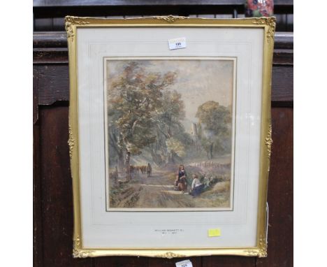 Gilt framed and mounted watercolour, by William Bennett, R I, 1811-1871, travellers on a rural road  