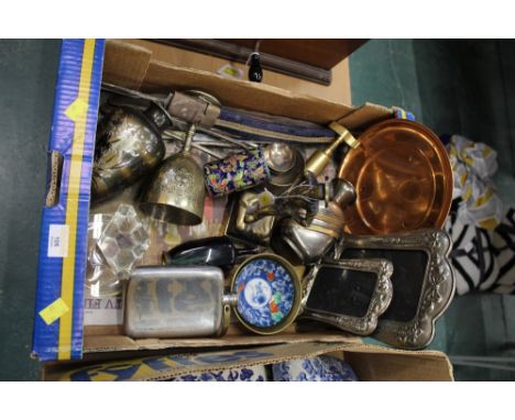 Box of metalware, hip flask, vase, ornaments, photo frames etc  