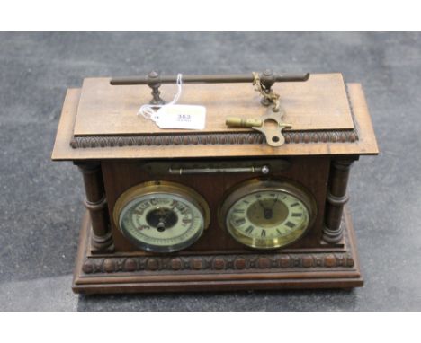 Oak mantle clock with barometer and thermometer, 28 cm long, 23 cm high 