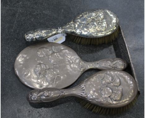 London silver hallmarked vanity set, two brushes, comb and mirror 